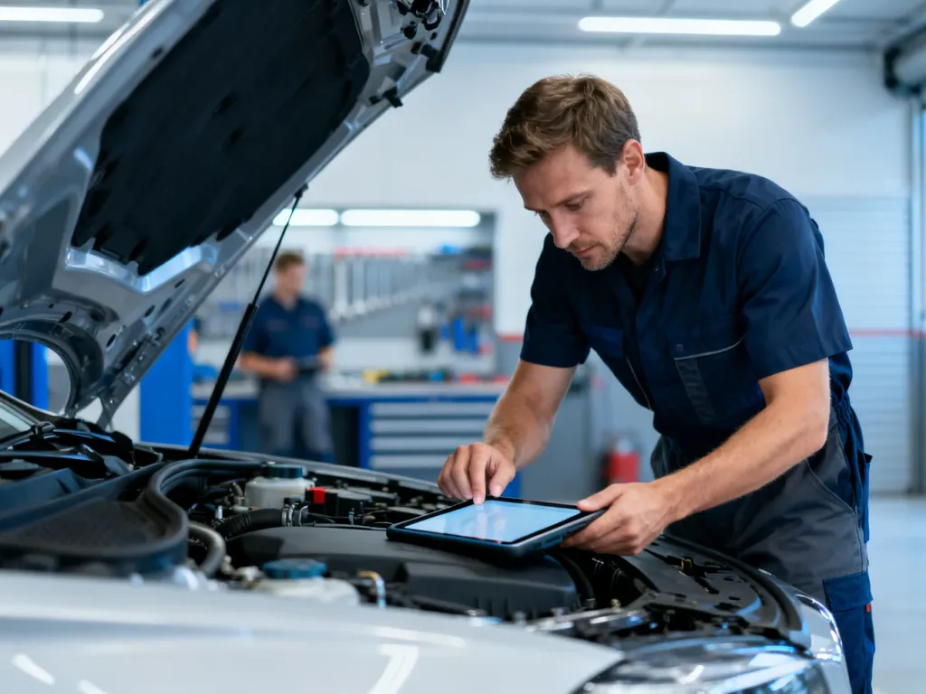 Mechanik w nowoczesnym warsztacie wykonuje profesjonalną diagnostykę komputerową samochodu przed jego zakupem.