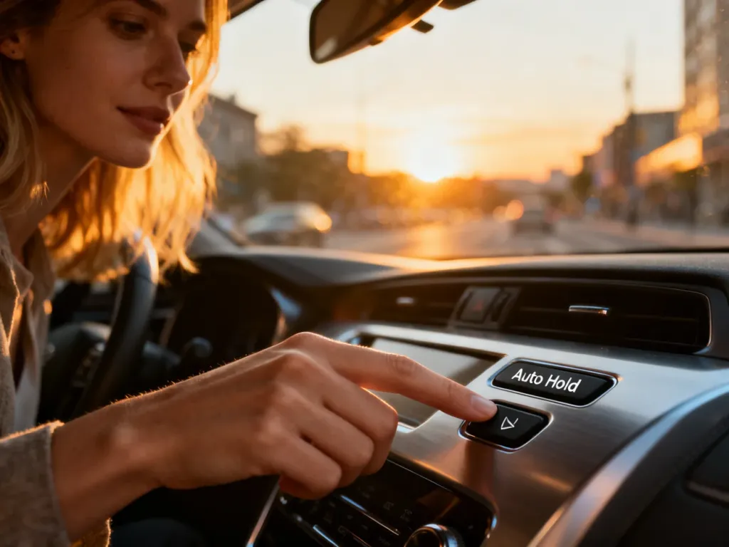 Dłoń kierowcy naciskająca przycisk Auto Hold na konsoli środkowej nowoczesnego samochodu.