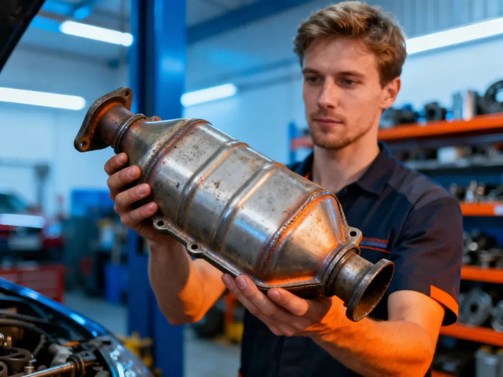 Mechanik trzymający zużyty katalizator samochodowy w profesjonalnym warsztacie.