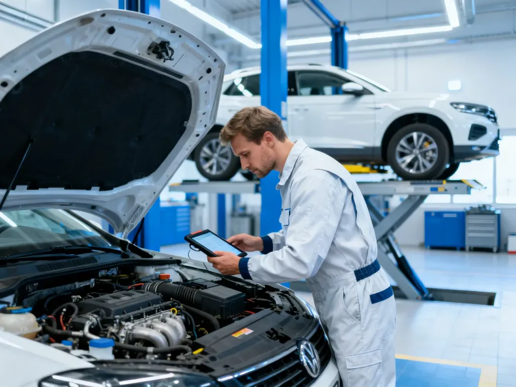 Mechanik z tabletem diagnostycznym sprawdza silnik samochodu w nowoczesnej stacji kontroli pojazdów.